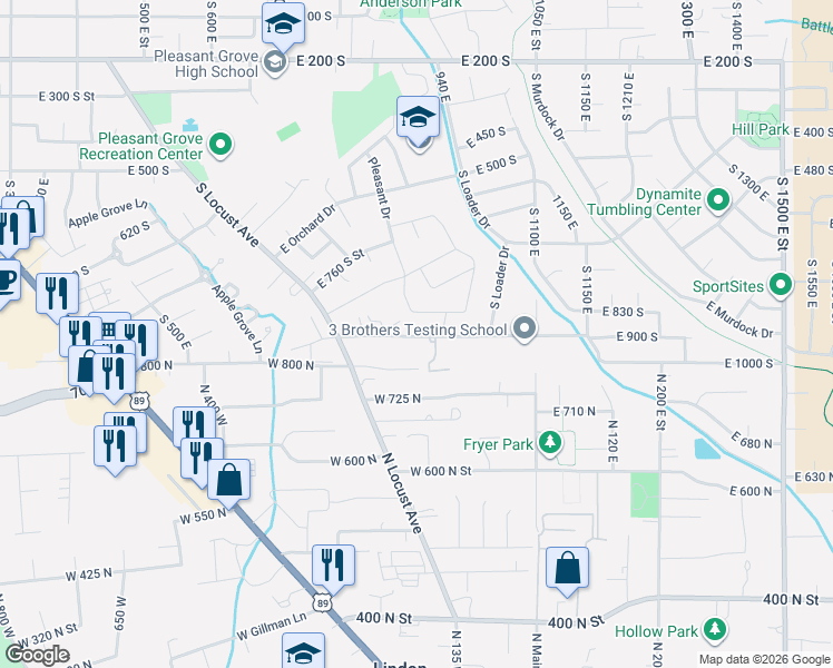 map of restaurants, bars, coffee shops, grocery stores, and more near 891 East 900 South Street in Pleasant Grove