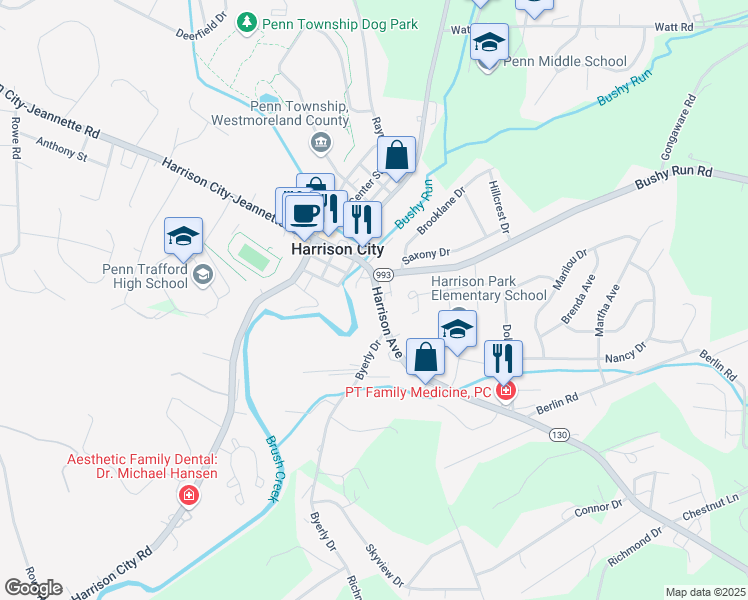 map of restaurants, bars, coffee shops, grocery stores, and more near 2098 Highway 130 in Greensburg