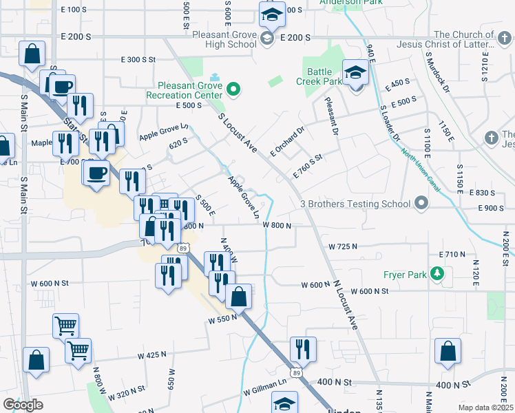 map of restaurants, bars, coffee shops, grocery stores, and more near 901 Apple Grove Lane in Pleasant Grove