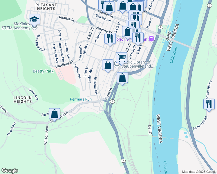 map of restaurants, bars, coffee shops, grocery stores, and more near 515 South 4th Street in Steubenville