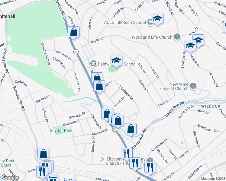 map of restaurants, bars, coffee shops, grocery stores, and more near 205 Thomas Dr in Pittsburgh