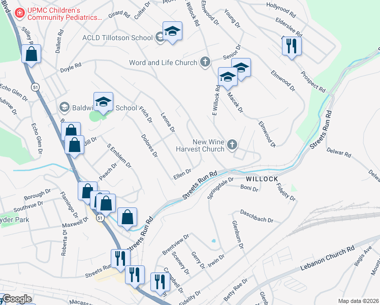 map of restaurants, bars, coffee shops, grocery stores, and more near 5147 Leona Dr in Pittsburgh