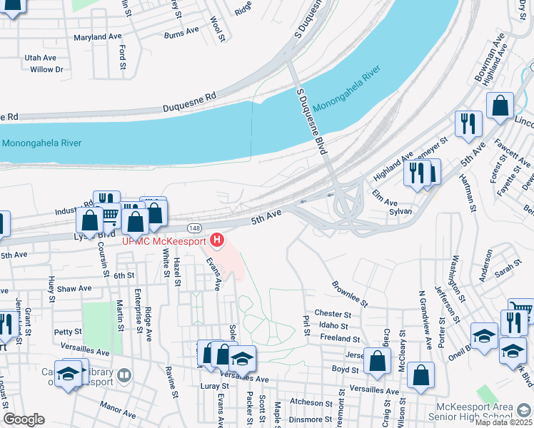 map of restaurants, bars, coffee shops, grocery stores, and more near 5th Avenue in McKeesport