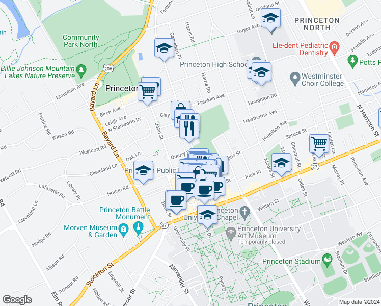 map of restaurants, bars, coffee shops, grocery stores, and more near 126 Witherspoon Street in Princeton