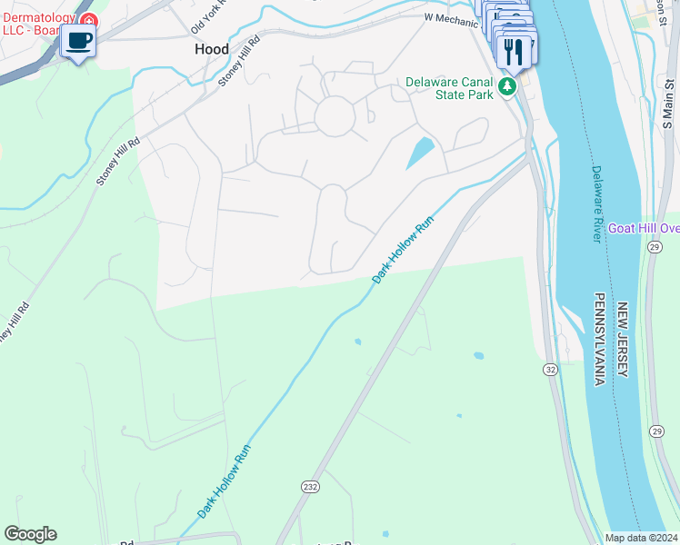 map of restaurants, bars, coffee shops, grocery stores, and more near 262 Riverwoods Drive in New Hope