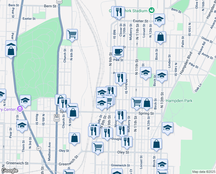 map of restaurants, bars, coffee shops, grocery stores, and more near 1149 North 9th Street in Reading