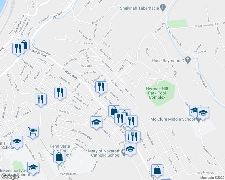 map of restaurants, bars, coffee shops, grocery stores, and more near 1213 Kansas Avenue in McKeesport
