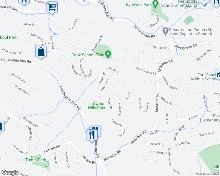 map of restaurants, bars, coffee shops, grocery stores, and more near 1780 Taper Drive in Pittsburgh