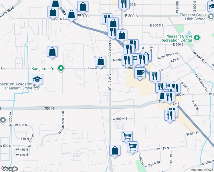 map of restaurants, bars, coffee shops, grocery stores, and more near in Pleasant Grove