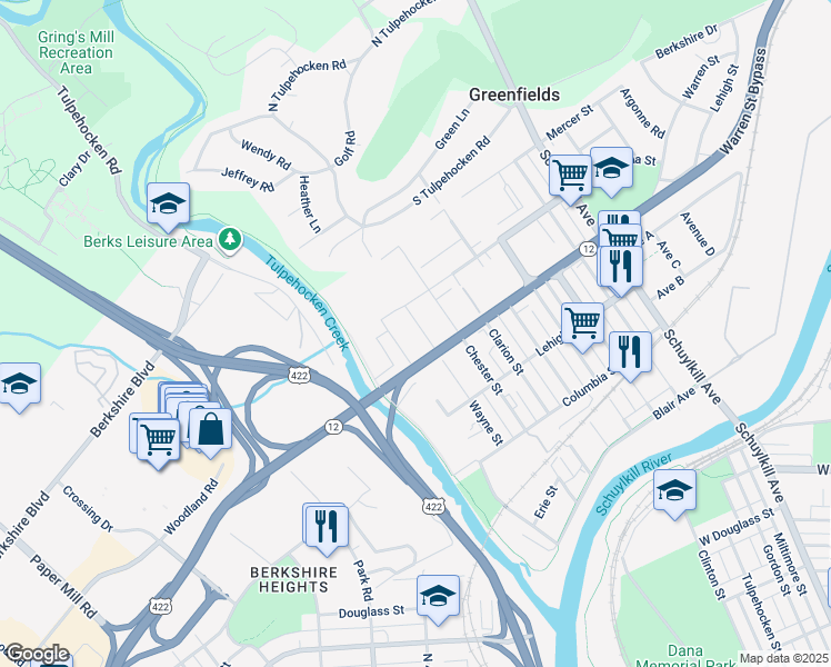 map of restaurants, bars, coffee shops, grocery stores, and more near 1426 Wayne Street in Reading