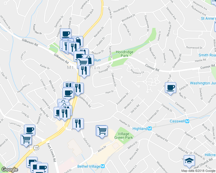 map of restaurants, bars, coffee shops, grocery stores, and more near 113 Sunridge Drive in Pittsburgh