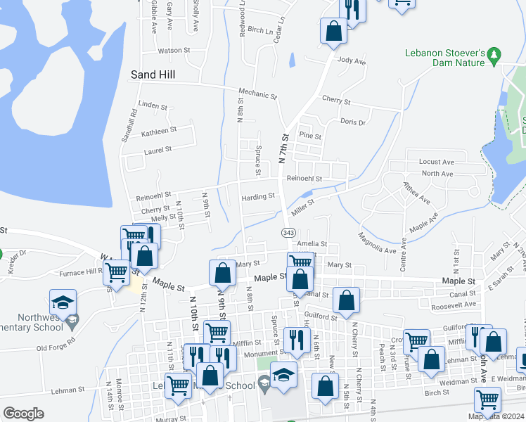 map of restaurants, bars, coffee shops, grocery stores, and more near 721 Glenwood Street in Lebanon