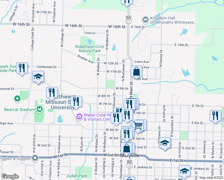 map of restaurants, bars, coffee shops, grocery stores, and more near 801-899 North Fillmore Street in Maryville