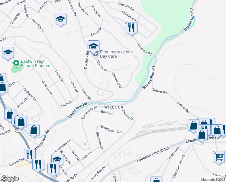 map of restaurants, bars, coffee shops, grocery stores, and more near 5319 East Willock Road in Pittsburgh