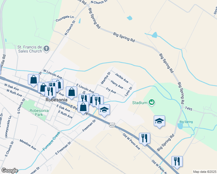 map of restaurants, bars, coffee shops, grocery stores, and more near 327 Fry Avenue in Robesonia