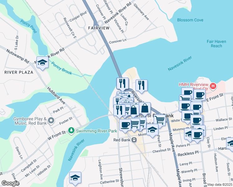 map of restaurants, bars, coffee shops, grocery stores, and more near 54 Bridge Avenue in Red Bank