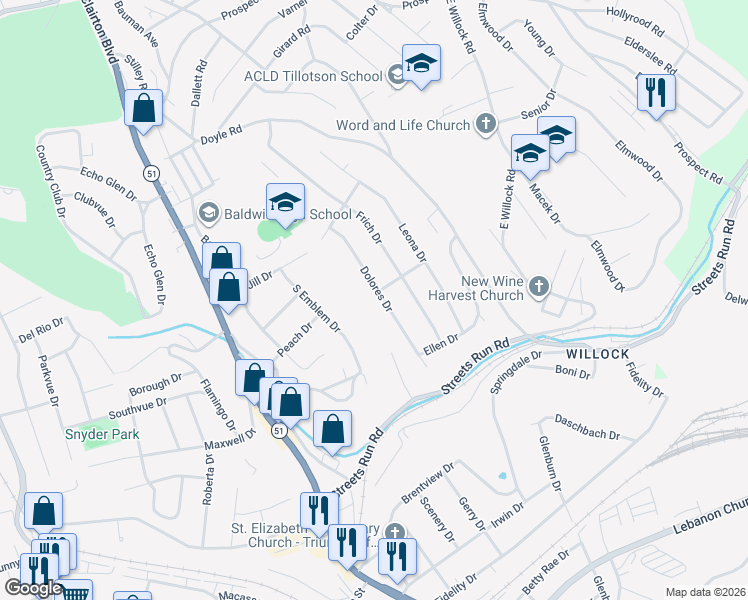 map of restaurants, bars, coffee shops, grocery stores, and more near 5100 Dolores Drive in Pittsburgh