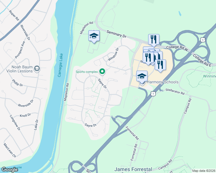 map of restaurants, bars, coffee shops, grocery stores, and more near 71 Sayre Drive in Princeton