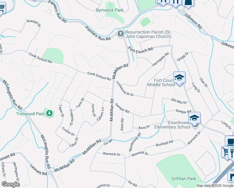map of restaurants, bars, coffee shops, grocery stores, and more near 519 Glencairn Circle in Pittsburgh