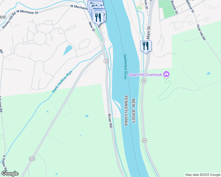 map of restaurants, bars, coffee shops, grocery stores, and more near 350 South River Road in New Hope