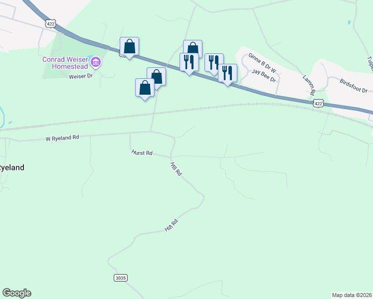 map of restaurants, bars, coffee shops, grocery stores, and more near 5 Whitetail Drive in Robesonia