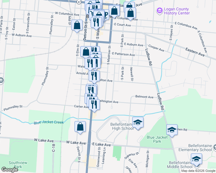 map of restaurants, bars, coffee shops, grocery stores, and more near 621 South Madriver Street in Bellefontaine