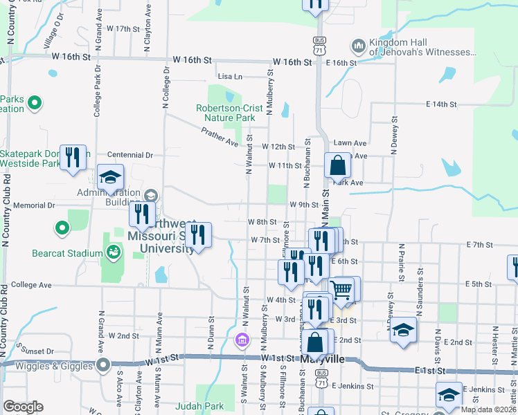 map of restaurants, bars, coffee shops, grocery stores, and more near 816 North Mulberry Street in Maryville