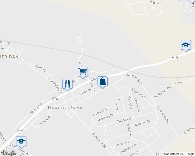 map of restaurants, bars, coffee shops, grocery stores, and more near 231 East Main Street in Newmanstown