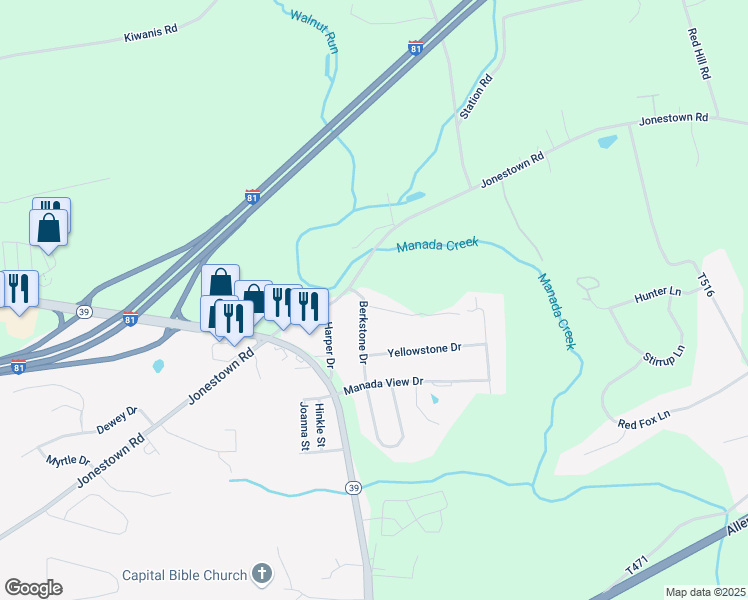map of restaurants, bars, coffee shops, grocery stores, and more near 8016 Redstone Drive in Harrisburg