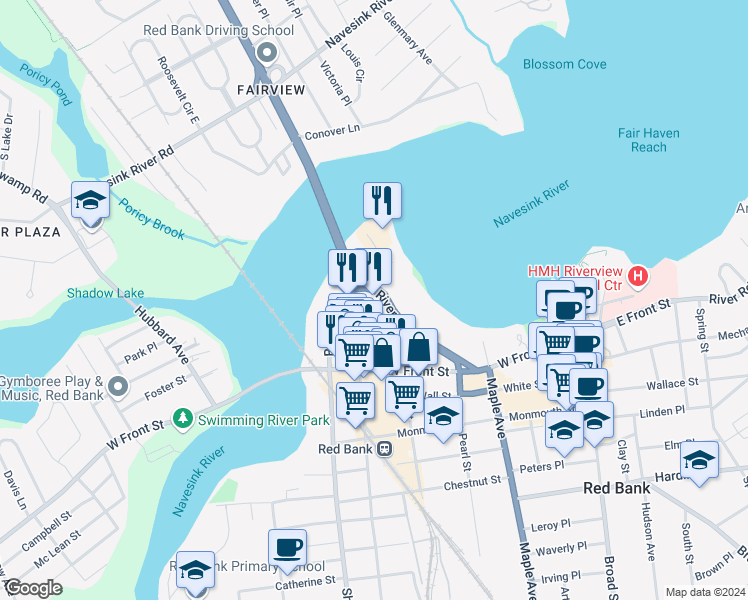 map of restaurants, bars, coffee shops, grocery stores, and more near 183 Riverside Avenue in Red Bank