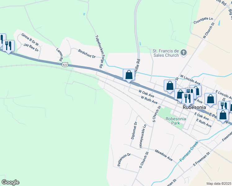 map of restaurants, bars, coffee shops, grocery stores, and more near 437 Smokering Drive in Robesonia