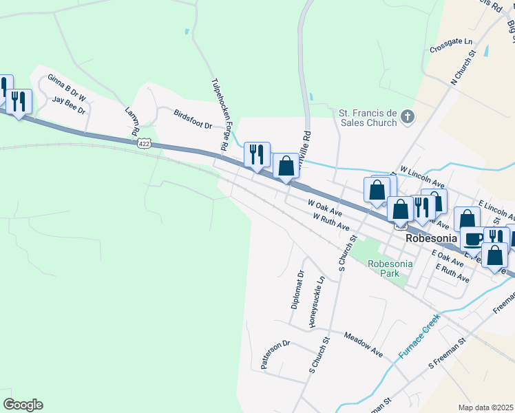 map of restaurants, bars, coffee shops, grocery stores, and more near 437 Smokering Drive in Robesonia