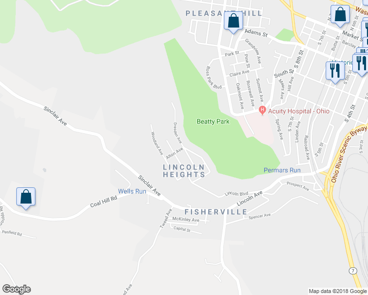 map of restaurants, bars, coffee shops, grocery stores, and more near 500 Dresden Avenue in Steubenville