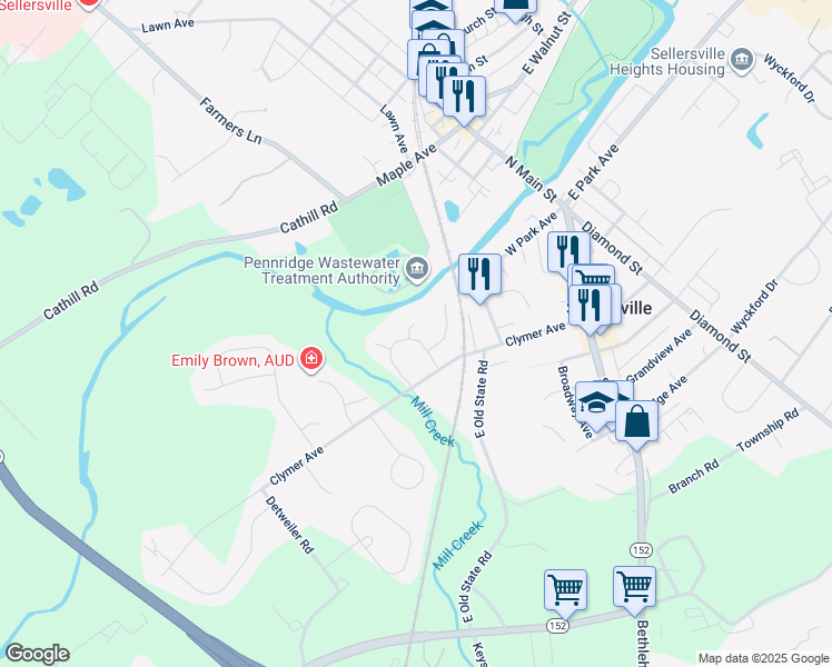 map of restaurants, bars, coffee shops, grocery stores, and more near 21 Lenape Drive in Sellersville