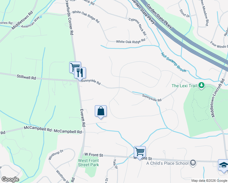 map of restaurants, bars, coffee shops, grocery stores, and more near 71 Windermere Road in Middletown Township