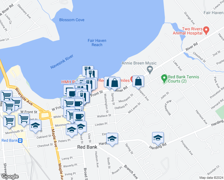 map of restaurants, bars, coffee shops, grocery stores, and more near East Front Street & Spring Street in Red Bank