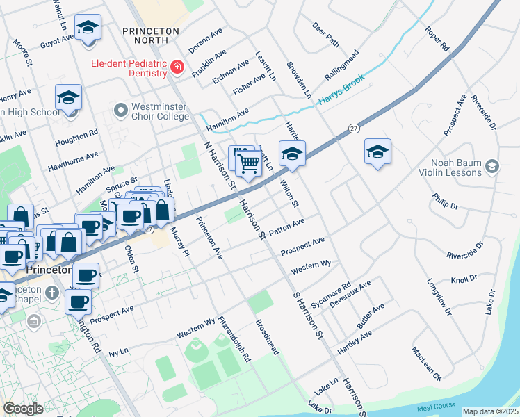 map of restaurants, bars, coffee shops, grocery stores, and more near 36 South Harrison Street in Princeton