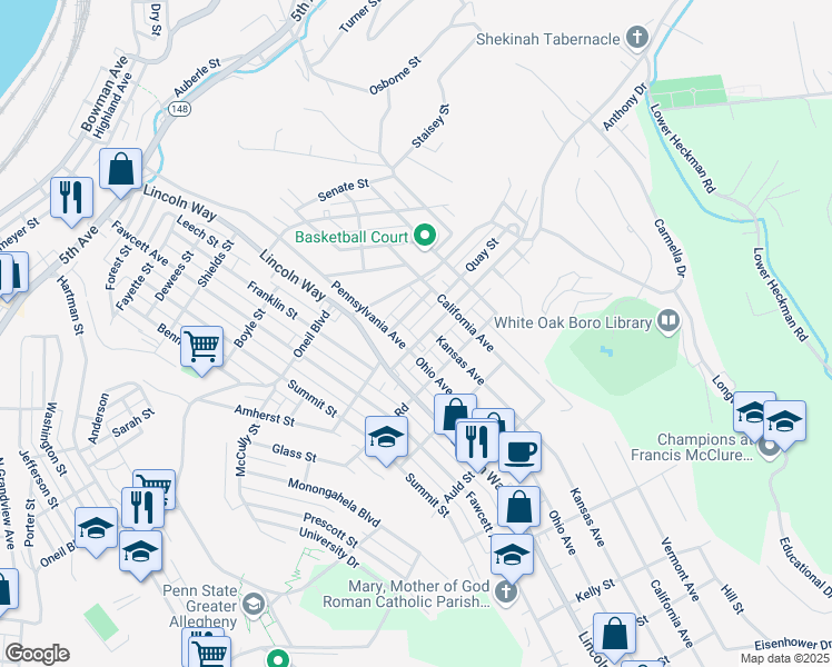 map of restaurants, bars, coffee shops, grocery stores, and more near 2912 State Street in White Oak
