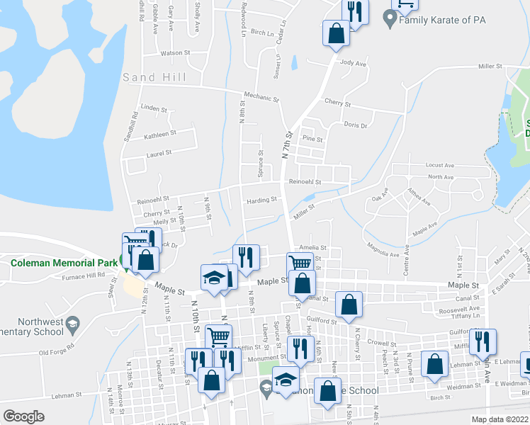 map of restaurants, bars, coffee shops, grocery stores, and more near 719 Glenwood Street in Lebanon