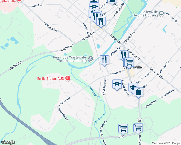 map of restaurants, bars, coffee shops, grocery stores, and more near 21 Lenape Drive in Sellersville