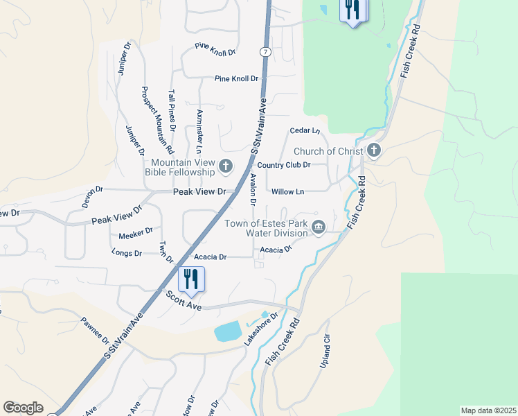 map of restaurants, bars, coffee shops, grocery stores, and more near 1109 Brook Drive in Estes Park