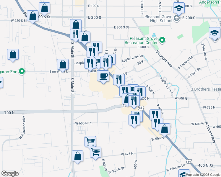 map of restaurants, bars, coffee shops, grocery stores, and more near 392 East State Road in Pleasant Grove