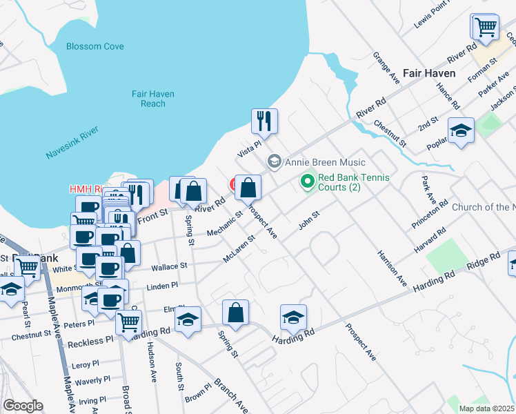 map of restaurants, bars, coffee shops, grocery stores, and more near 21 Bassett Place in Red Bank