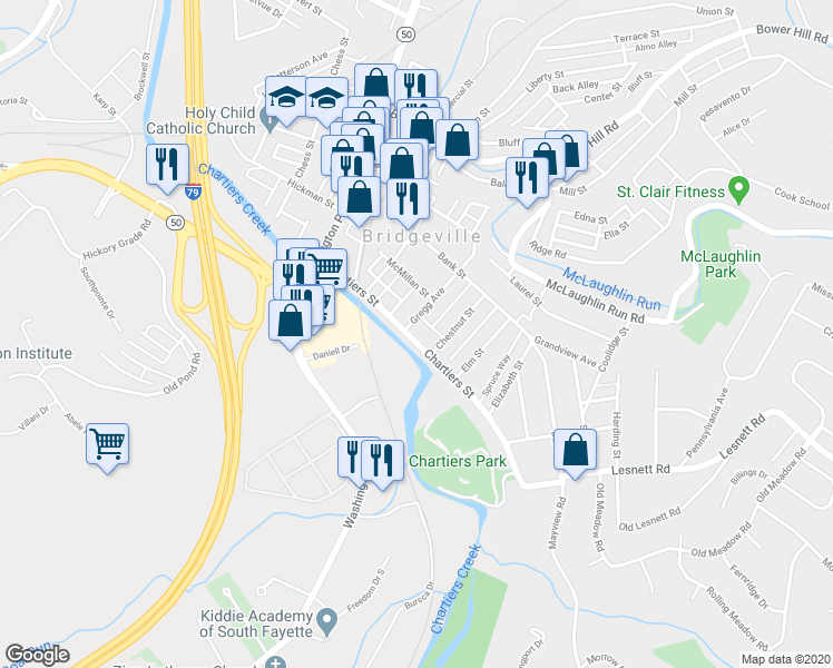 map of restaurants, bars, coffee shops, grocery stores, and more near 711 Chartiers Street in Bridgeville