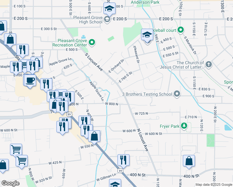 map of restaurants, bars, coffee shops, grocery stores, and more near 864 South 700 East in Pleasant Grove