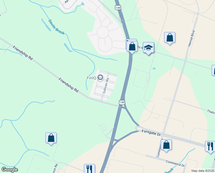 map of restaurants, bars, coffee shops, grocery stores, and more near 23 Morris Lane in South Brunswick Township