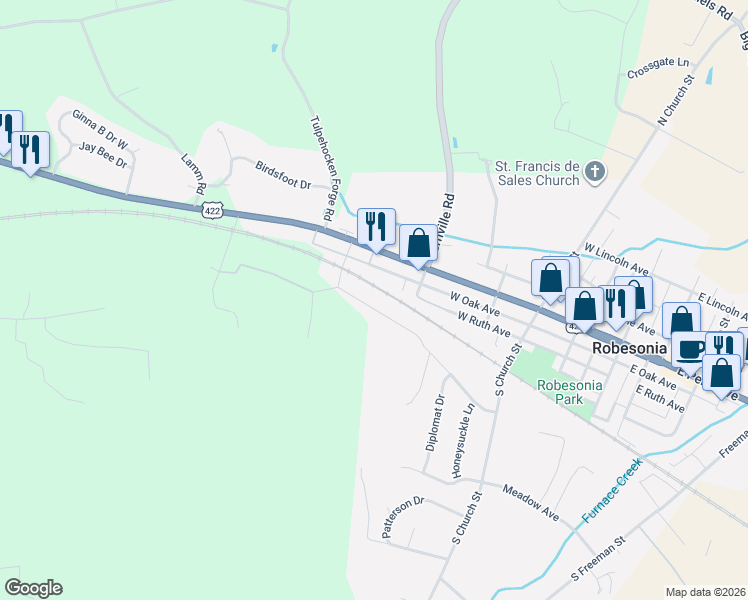 map of restaurants, bars, coffee shops, grocery stores, and more near 444 West Oak Avenue in Robesonia