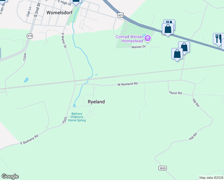 map of restaurants, bars, coffee shops, grocery stores, and more near 88 West Ryeland Road in Womelsdorf