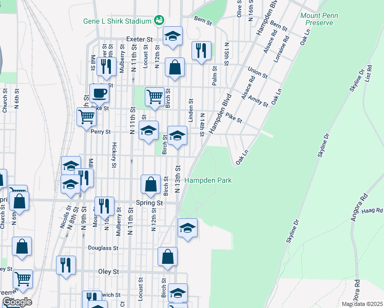 map of restaurants, bars, coffee shops, grocery stores, and more near 1128 Hampden Boulevard in Reading