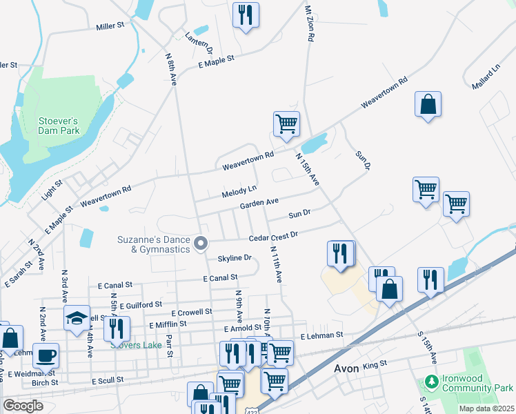 map of restaurants, bars, coffee shops, grocery stores, and more near 1101 Sun Drive in Lebanon